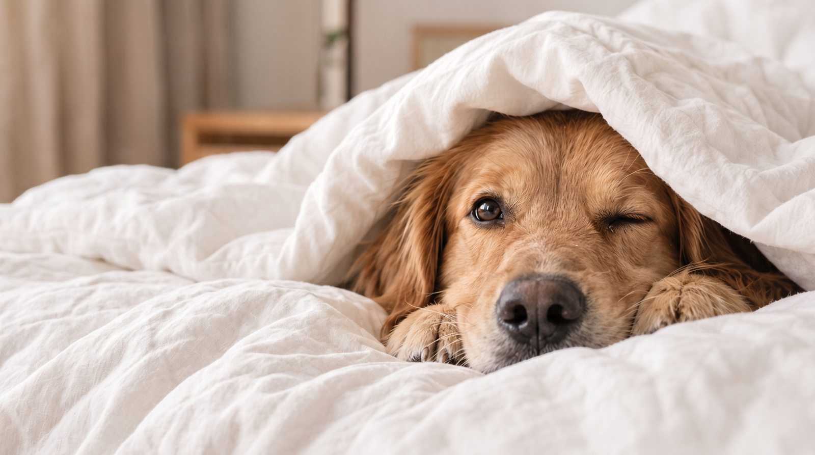 Golden Retriever sous une couette, qui vous fait un clin d'œil